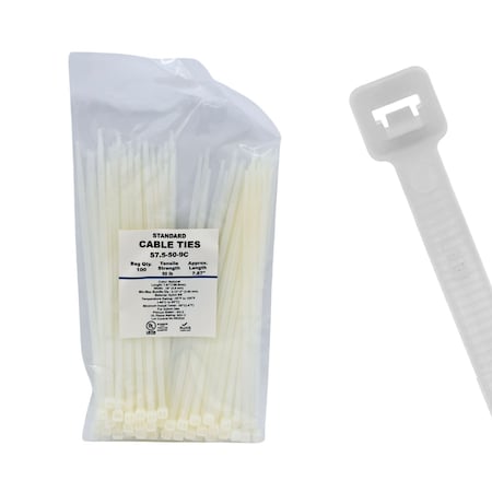 Cable Ties Unlimited Cable Tie, 7.5 in L, 50 lb Strength, 1.8 in Max Bundle Dia, Nylon 6/6, Natural, 100PK S7.5-50-9C