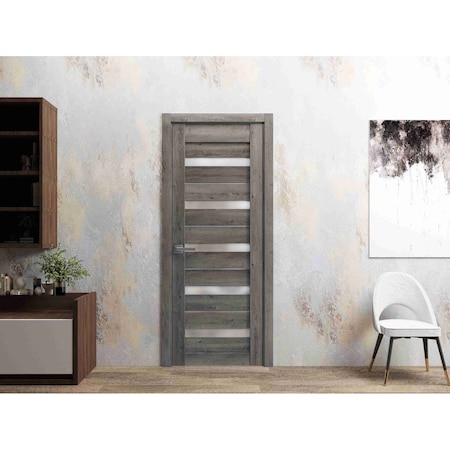 Sartodoors Solid French Door 18 x 80in, Quadro 4445 Nebraska Grey W/ Frosted Glass, Sgl Panel Frame Trim QUADRO4445ID-NEB-18