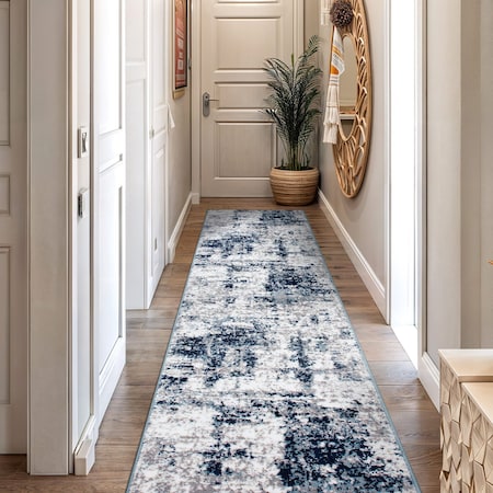 World Rug Gallery Distressed Abstract Runner Rug 2 ft 7 in x 12 ft Blue 910BLUE27X12