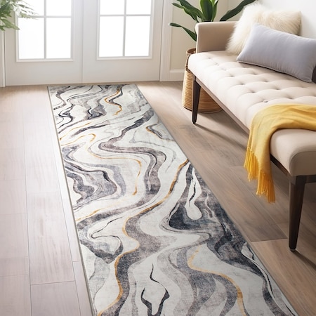 World Rug Gallery Contemporary Marble Washable Non Slip Runner Rug 2 ft x 8 ft Gray WR80GRAY2X8