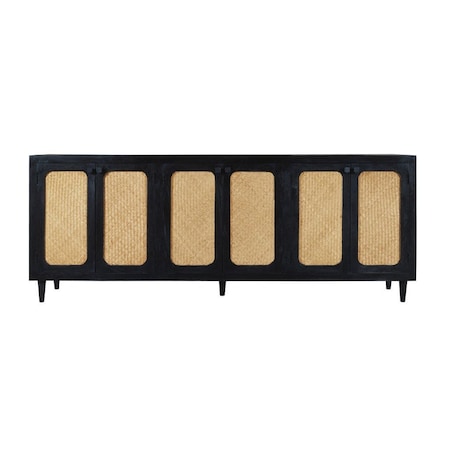 Homeroots 94in Black Distressed Solid Wood Sideboard with Six Doors 606295