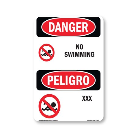 Signmission Safety Sign, OSHA Danger, 5" Height, No Swimming Bilingual, D-35-VT-1709 OS-DS-D-35-VT-1709