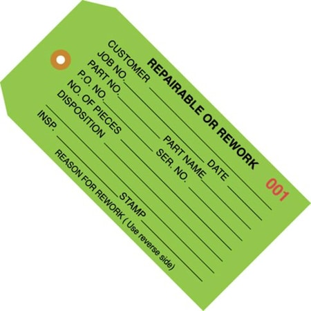 Partners Brand Tag Repairbl/Rework, 4-3/4"x2-3/8", PK1000, 13 Point Cardstock, 4 3/4" W, Green, 1000 PK G20041