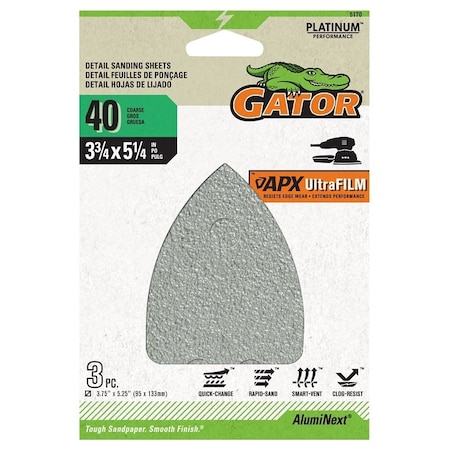 Gator Sanding Sheet, 3-3/4 in W, 5-1/4 in L, 40 Grit, Coarse, Aluminum Oxide Abrasive, Film Backing 5170