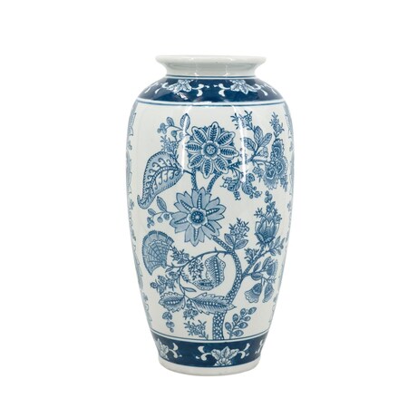 Homeroots 15" Light Blue And White Floral Porcelain Urn Vase 565448