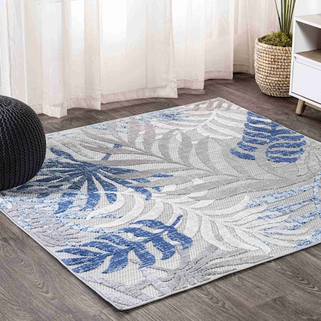 Jonathan Y Tropics Palm Leaves Gray/Blue 6 ft Square Indoor/Outdoor Area Rug AMC100A-6SQ