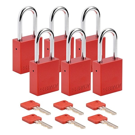 Brady Padlock, Keyed Alike, Aluminum, Red, 1 1/2 in Shackle Height, 1 1/2 in Body Width, 12 No. of Keys SDAL-RED-38ST-KA6