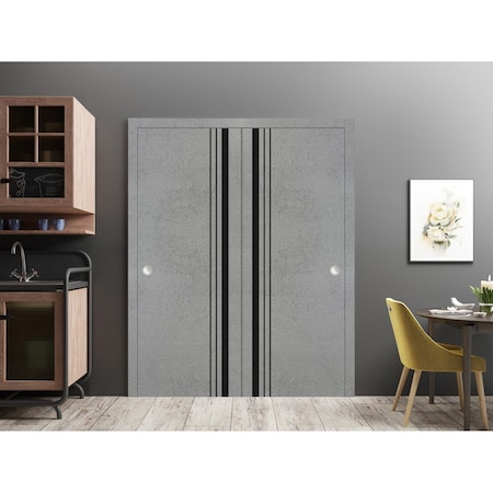 Sartodoors Sliding Closet Bypass Doors, Planum 0011 Concrete and Aluminum Strips, Sturdy Rails Moldings Trims PLANUM0011DBD-BTN-8496