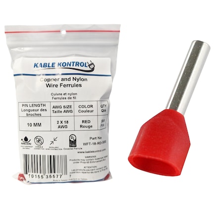 Kable Kontrol Twin Wire Ferrules, Nylon Insulated, 2 x 18 AWG, Pin Size 10 mm, Red, 500 Pcs, 500PK WFT-18-RD-500