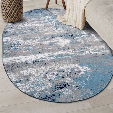 World Rug Gallery Distressed Abstract Watercolor Area Rug 5 ft x 7 ft Oval Blue 928BLUE5OV