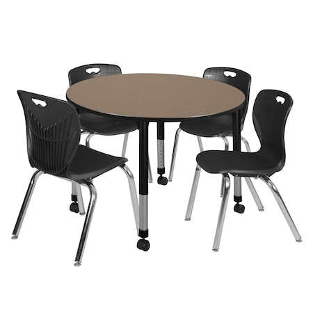 Regency Round Kee Mobile Adjustable Classroom Table W/ 4 Andy Chairs, 48 in W, 48 in L, Noble Oak TB48RNDNOAPCBK40BK