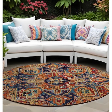 Homeroots 8' Round Red Orange and Blue Round Oriental Washable Non Skid Indoor Outdoor Area Rug 563786