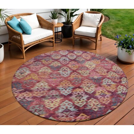 Homeroots 8' Rust Gold And Blush Round Aztec Washable Indoor Outdoor Area Rug 615790