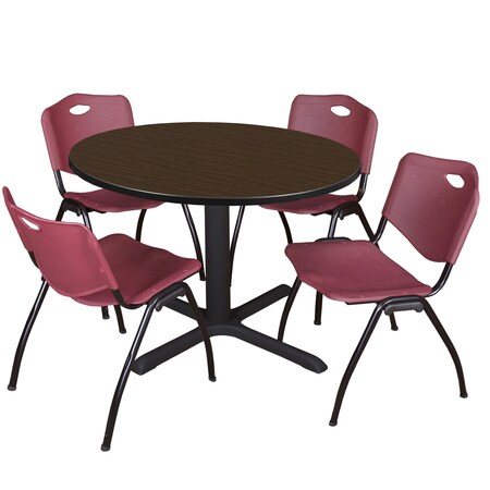 Regency Round Cain Breakroom Table W/ 4 M Stack Chairs, 48 in W, 48 in L, Neo Walnut TB48RNDNW47BY