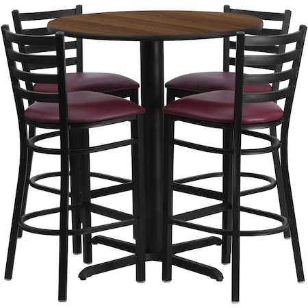 Flash Furniture Round Walnut Bar Table, X-Base w/Burg Seats, 30", Laminate Top, Wood Grain HDBF1028-GG