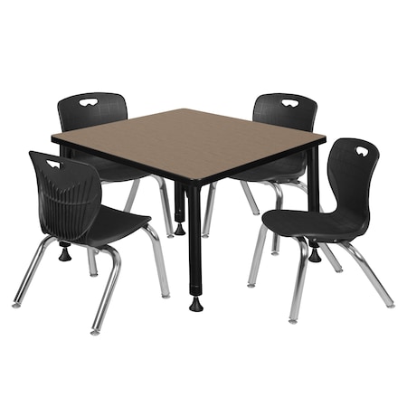 Regency Square Kee Adjustable Classroom Table W/ 4 Andy Stack Chairs, 30 in W, 30 in L, Noble Oak TB3030NOAPBK45BK