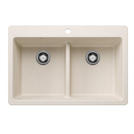 Blanco Liven SILGRANIT 33in 50/50 Double Bowl Dual Mount Kitchen Sink with Low Divide - Soft White 443209