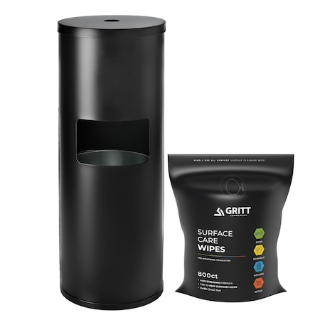 Gritt Commercial Gym Wipe Starter Kit, Black Stainless Steel Wipe Dispenser + 800 Count Surface Care Wipes GRI509-BLK-RW-NR