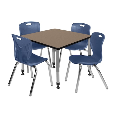 Regency Square Kee Adjustable Classroom Table W/ 4 Andy Stack Chairs, 36 in W, 30 in L, Noble Oak TB3636NOAPGY40NV