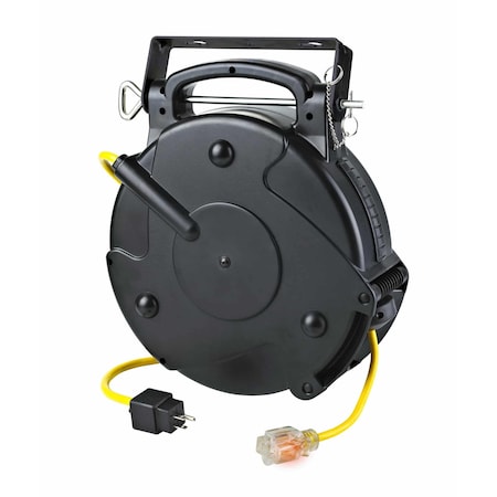 Alert Reel Mfg ProReel Retractable Cord Reel, 15 Amp, 65' 12/3 SJTOW, Single Illuminated Outlet w/Circuit Breaker 8665TFS