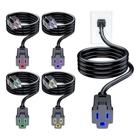 Maximm 6ft 16AWG Indoor Extension Cord w/ Multi-Color Indicators, 5PK, Black, 5PK IMC-LA004K-LA005H-5pk-06