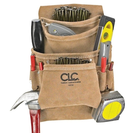 Tool Works Series Nail/Tool Bag, 20-1/2 in W, 12 in H, 10-Pocket, Suede Leather, Tan