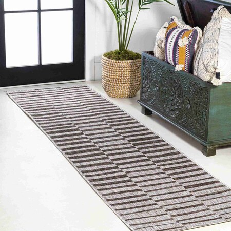 Jonathan Y Sukie Modern Offset Stripe Beige/Brown 2 ft. x 8 ft. Indoor/Outdoor Runner Rug SMB133A-28