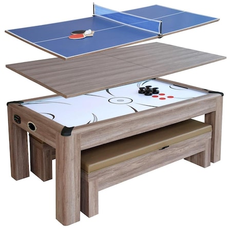 Carmelli NG1137H 7 ft. Driftwood Air Hockey Table Tennis Combo Set with Benches BG1137H