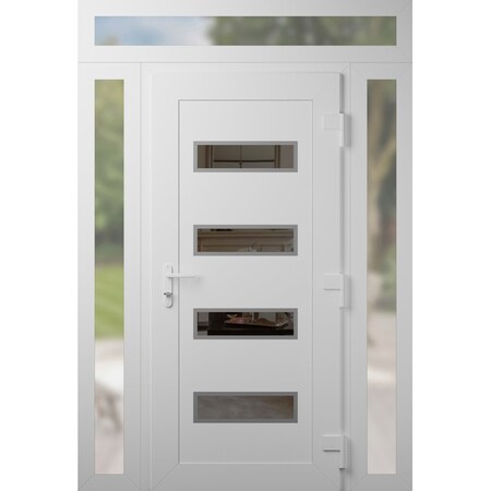 Vdomdoors Front Exterior Prehung Metal-Plastic Door, Manux 8113 White Silk, 2 Side and Top Sidelite Transom,  MANUX8113EXD-WS-W16+32+16xH80+14-LH