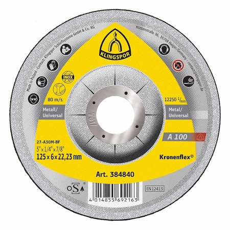 Klingspor A100 Grinding Disc 5 in x 1/4 in x 7/8 T27, 10PK A1001256.022D