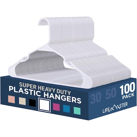 Lifemaster White Plastic Hangers, Lightweight, Durable, Non-Slip, Space-Saving Design, 100PK LMPLCWH100