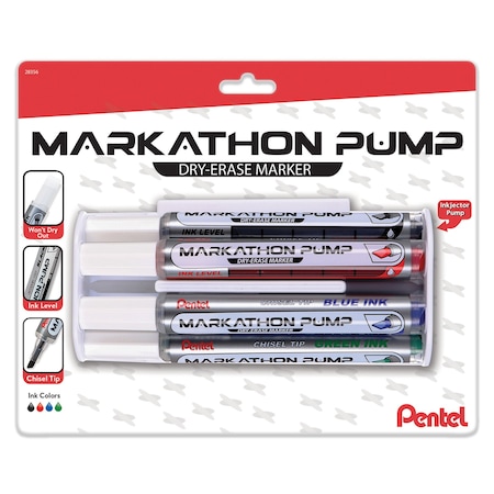 Pentel Markathon Pump Dry Erase Marker, Chisel Tip, Assorted Colors, 4-Pack with Eraser MWL6SXBP4MKIT