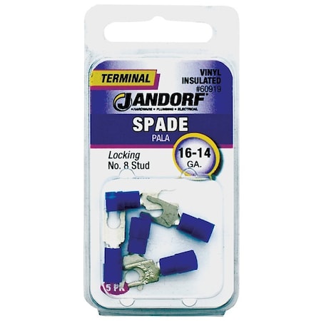 Jandorf Spade Terminal, 600 V, 16 to 14 AWG Wire, #8 Stud, Vinyl Insulation, Copper Contact 60919