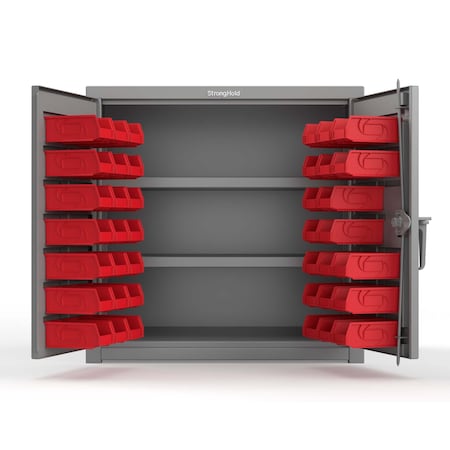 Strong Hold 14 GA Bin Cabinet with 2 Shelves - 36 In W. x 36 In. H x 24 In. D - 40 Red Bins 33-BS-242-40R-L