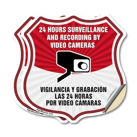 Signmission Bilingual 24 Hour Surveillance Shield Si, 12 inch X 12 inch, Vinyl Decal, 2PK SHI-D-2PACK-12-363