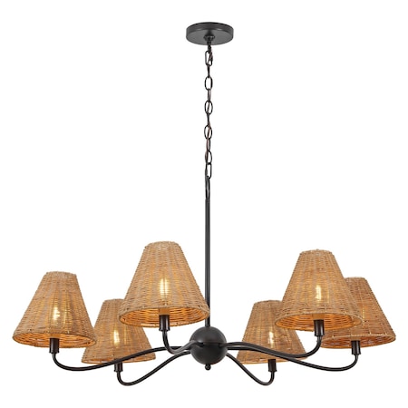 Jonathan Y Grady 35" 6-Light Grand Coastal Farmhouse Adjustable Swooping Arm Metal w/Hand-Woven Rattan Shades L JYL9560C