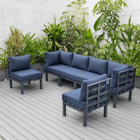 Leisuremod Chelsea 6-Piece Patio Sectional Black Aluminum With Light Blue Cushions CSBL-6LBU