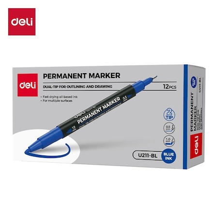 Deli THINK Permanent Marker, Dual Tip (Bullet/Needle), Blue, 12PK EU211-BL