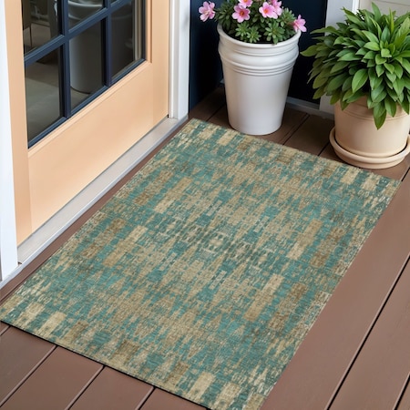 Homeroots 3' X 5' Teal Blue Taupe And Beige Moroccan Washable Indoor Outdoor Area Rug 577217
