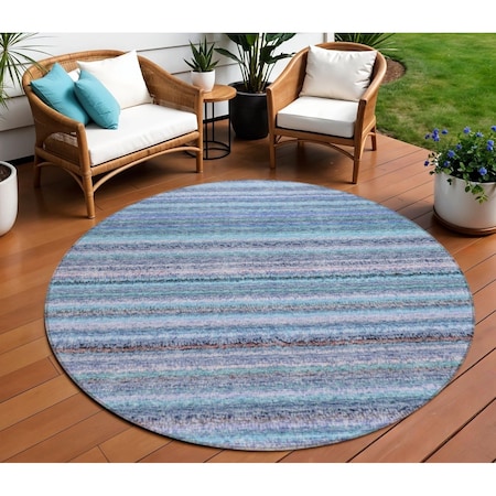 8' Sky Blue And Navy Blue Round Striped Washable Indoor Outdoor Area Rug