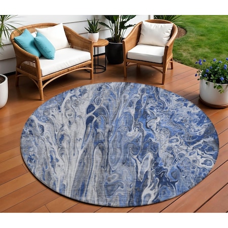 Homeroots 8' Denim Blue And Navy Blue Round Abstract Washable Indoor Outdoor Area Rug 577928