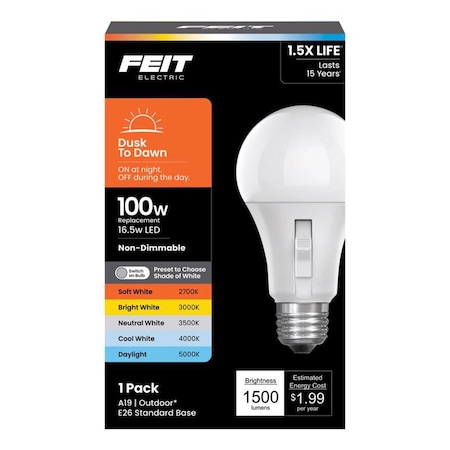 Feit Electric Feit A19 E26 (Medium) LED Dusk to Dawn Bulb Adjustable White 100 Watt Equivalence 1 pk OM1005CCTDDLEDI