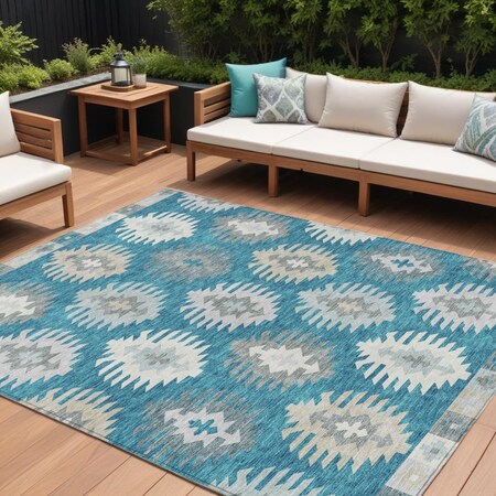 Homeroots 10' X 14' Teal Blue Ivory And Gray Southwestern Washable Indoor Outdoor Area Rug 615181