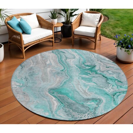 Homeroots 8' Teal Blue And Ivory Round Abstract Washable Indoor Outdoor Area Rug 617616