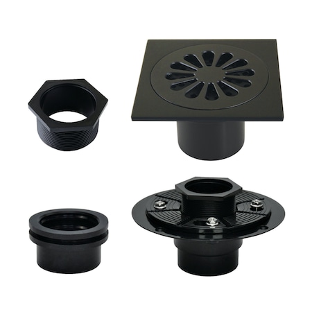 Kingston Brass 4" Brass Square Grid Shower Drain with Hair Strainer and Base Flange, Matte Black BSFK4161MB