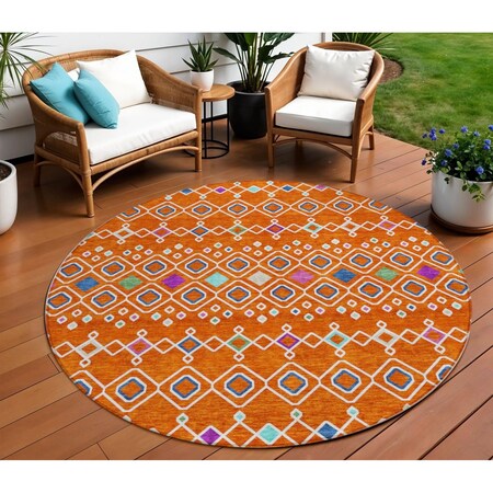 Homeroots 8' Orange Blue And Purple Round Geometric Washable Indoor Outdoor Area Rug 612210