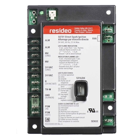 Resideo Direct Spark Ignition Control. 1 Trial For Ignition With 21 Sec Trial Time. Two Rod. S8701A1026