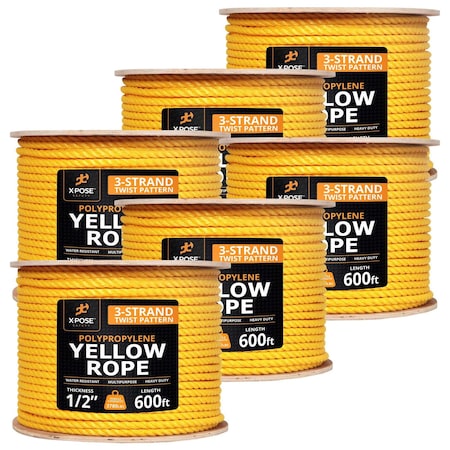 Xpose Safety 1/2in x 600 ft Twisted Polypropylene Rope, Yellow, 6PK YPR12-600-6-X