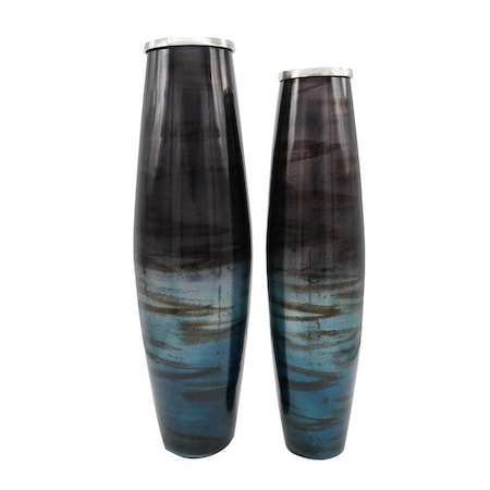 Homeroots Set of Two Black And Blue Abstract Glass Cylinder Floor Vases, 2PK 574243