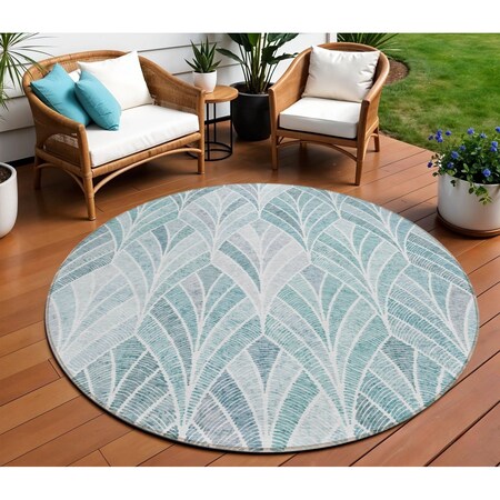 Homeroots 8' Aqua Mint Green And Silver Round Geometric Washable Indoor Outdoor Area Rug 589202